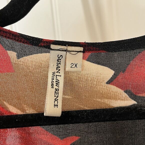Susan Lawrence Red Tan Floral Stretchy Slinky Long Sleeve Top Womens Size 2X - Picture 5 of 10